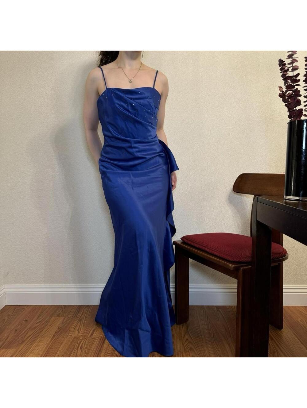 Vintage Formal Evening Gown Size Small Blue Satin Ruffle Prom Dress Lets Fashion